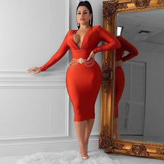 V Neck Long Sleeve Girdle Over Knee Bandage Dress