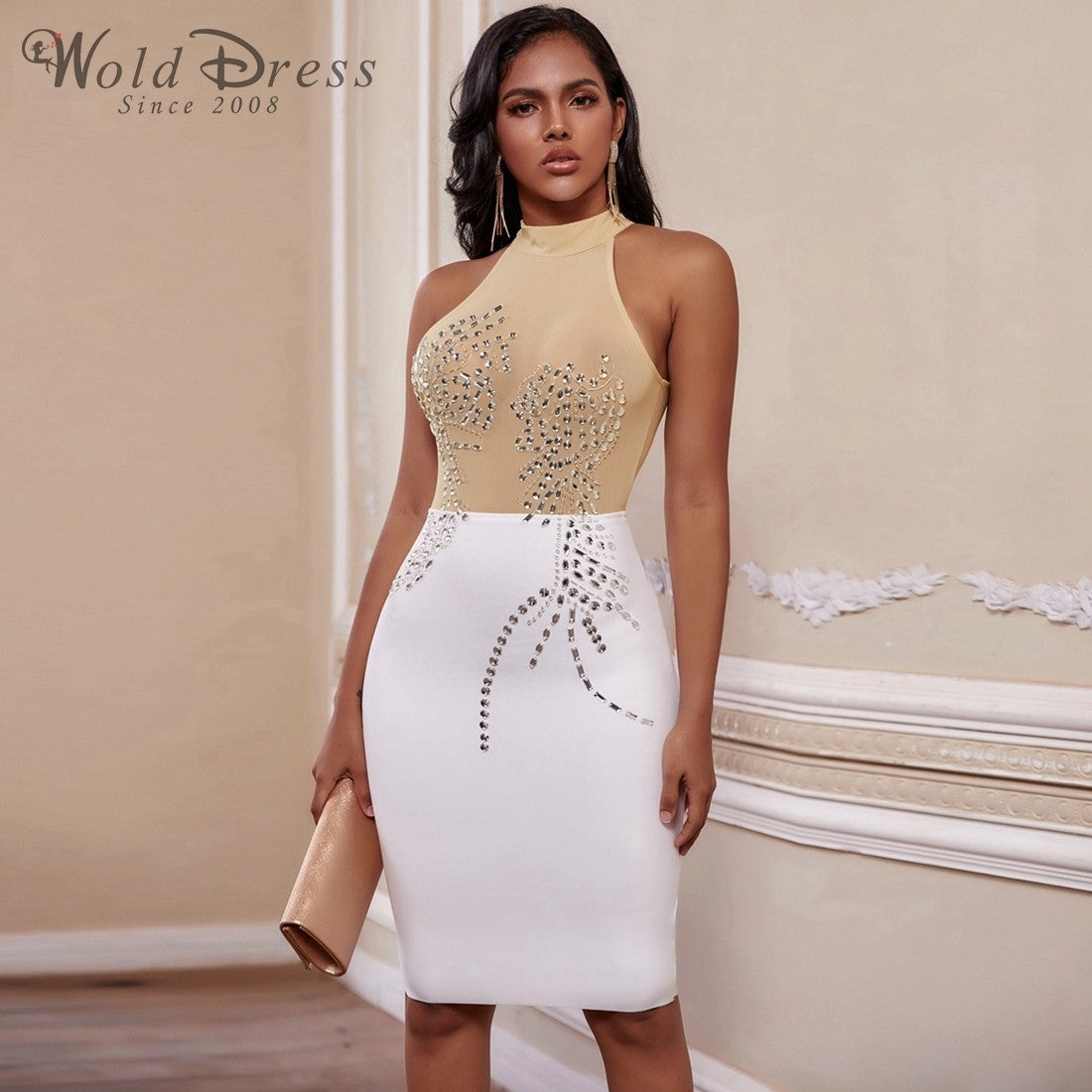 High Neck Sleeveless Rhinestone Over Knee Bandage Dress