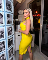 High Neck Hollow out Midi Bandage Dress