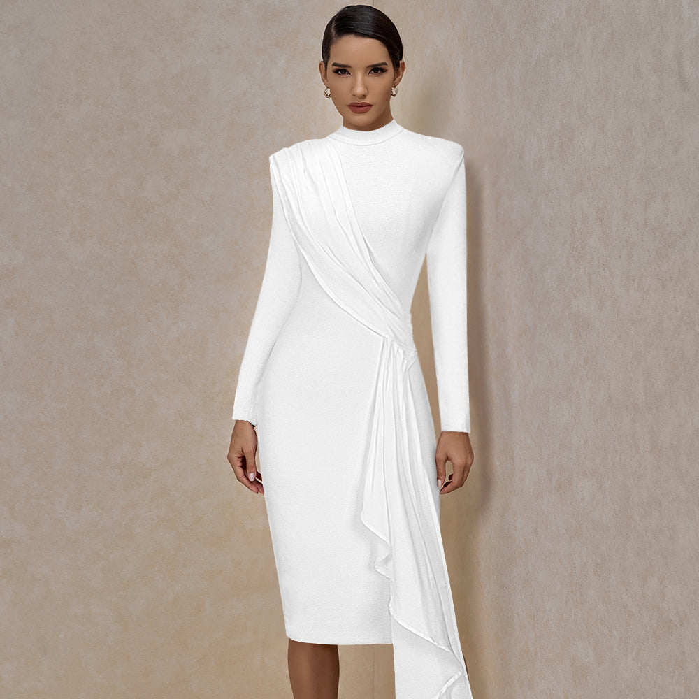 Round Neck Draped Frill Midi Bandage Dress