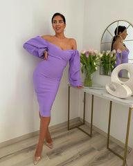 Off Shoulder Long Sleeve Midi Bandage Dress