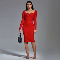 Square Neck Long Sleeve Midi Bandage Dress