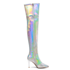 Etta Silver Holographic Thigh High Boots with Heels