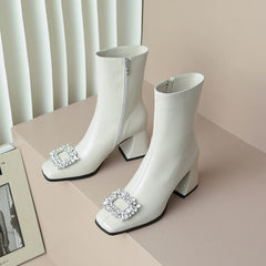 Fia Square Toe White Block Heel Boots