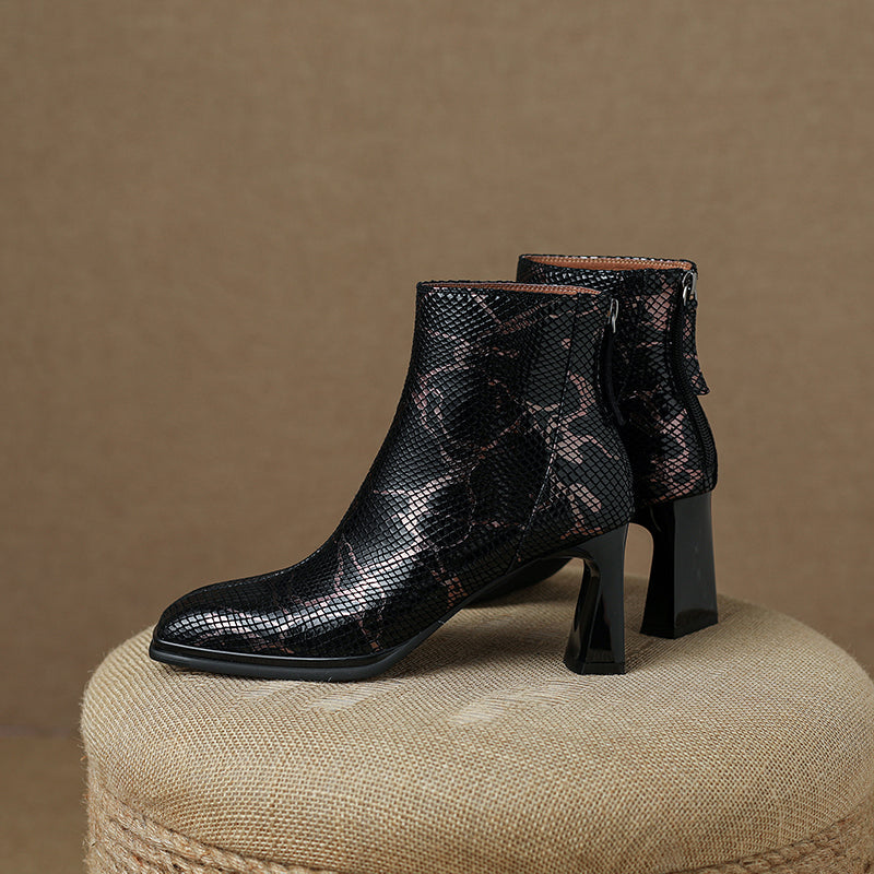 Hafsa Snakeskin Square Toe Ankle Boots