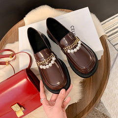 Eliana Genuine Leather Loafers with Chain and Pearl