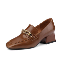 Carlee Genuine Leather Heeled Loafers with Chain