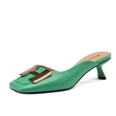 Dora Square Toe Kitten Heel Mules with Chain