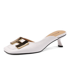 Dora Square Toe Kitten Heel Mules with Chain