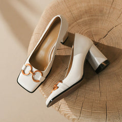 Faigy Square Toe Gold Chain Heels White