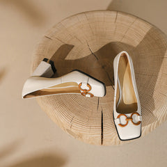 Faigy Square Toe Gold Chain Heels White