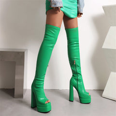 Goldy Open Toe Green Thigh High Boots