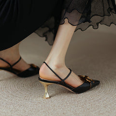 Fiona Black Kitten Heels with Gold Chain