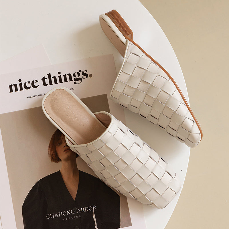 Eve Woven Leather Mules in White