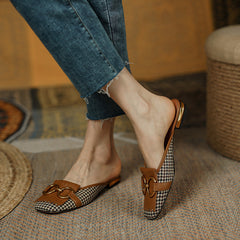 Elin Vintage Plaid Flat Mules-Brown